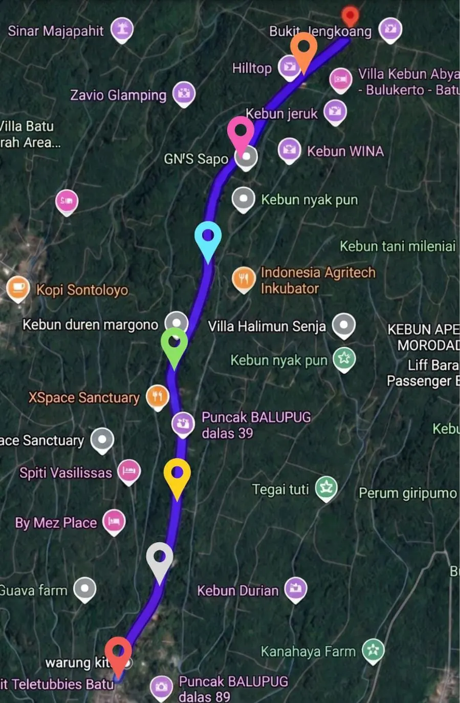 Peta rute Bukit Jengkoang dengan penanda jarak dari start sampai finish
