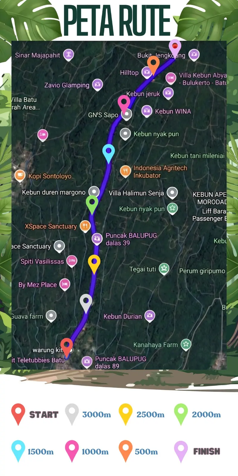Peta rute Bukit Jengkoang dengan penanda jarak dari start sampai finish